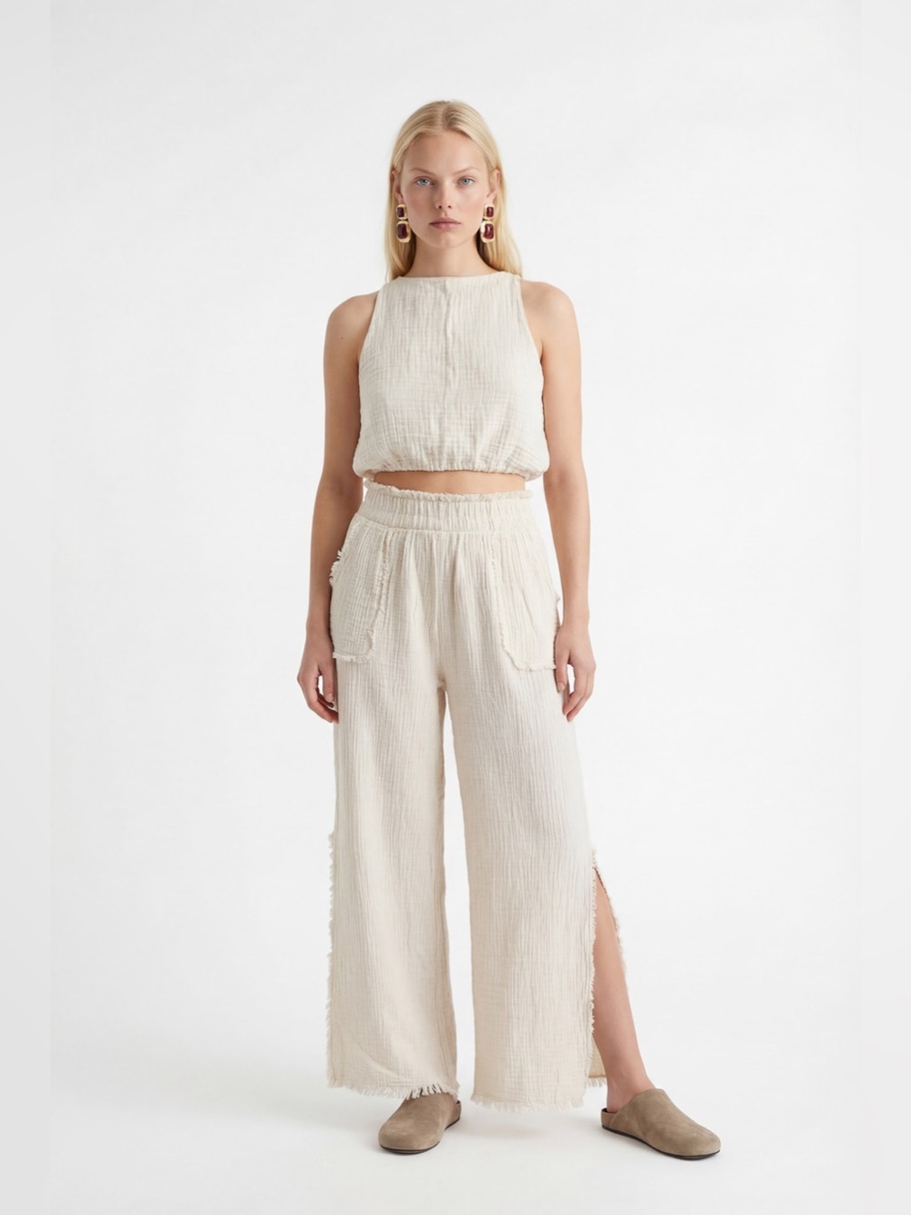 IKIKIZ Pokoloko Black Cotton Gauze Wide Leg Cropped Pants OS Boho Fringe